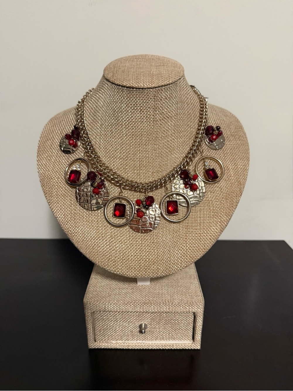 White House Black Market Gold-Tone Dangle Necklace with Red Jewel Accents